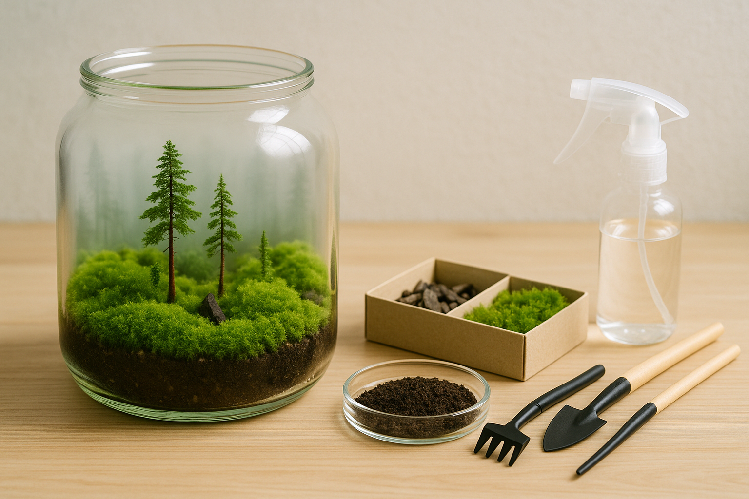 霧の中の杉林コンセプトを使った苔テラリウムの作り方のイメージ